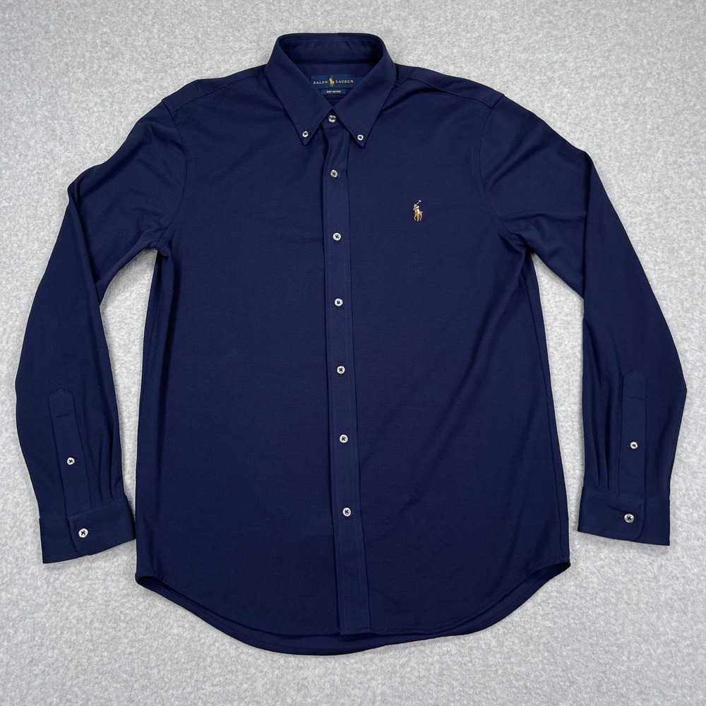 Ralph Lauren Knit Oxford Shirt Mens Large Navy Blue Stretch Flesh Pony Cotton - Picture 2 of 12